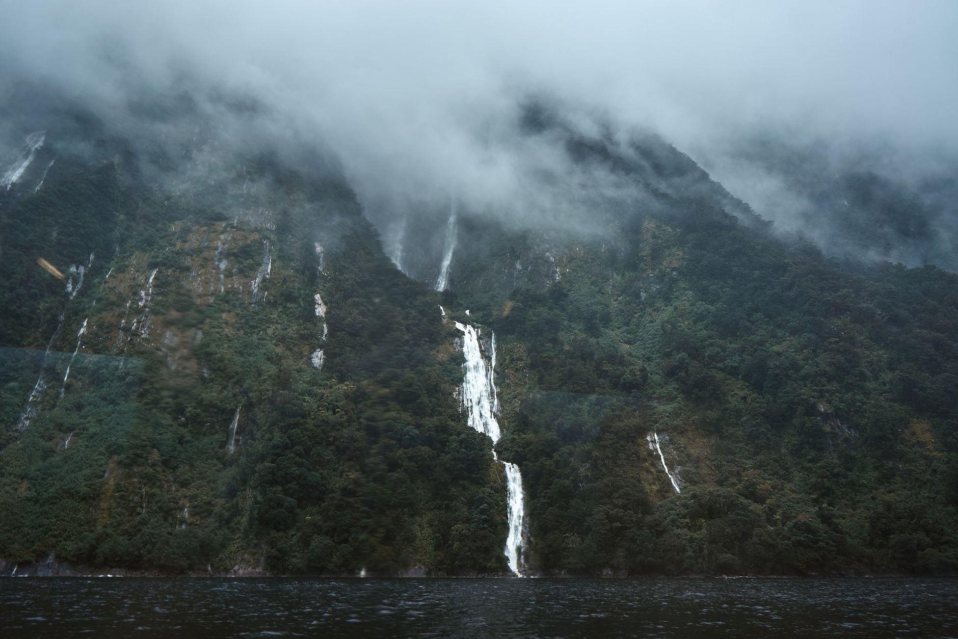 Milford Sound fjord view with waterfalls